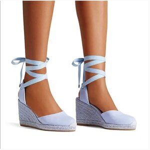 Stuart Weitzman Espadrille Wedges Heels Lace Up Ankle Strap Canvas Blue Size 6.5